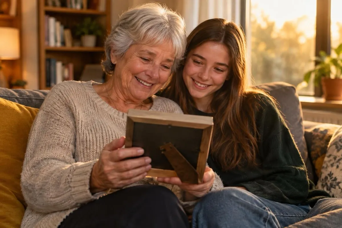 Une grand-mère et sa petite-fille sur un canapé, la grand-mère tient un cadre photo qu'elle vient de recevoir