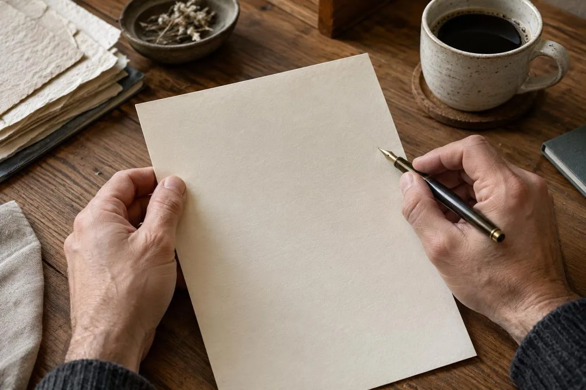 Mains d'homme qui tiennent une feuille de papier crème et un stylo à côté d'un café
