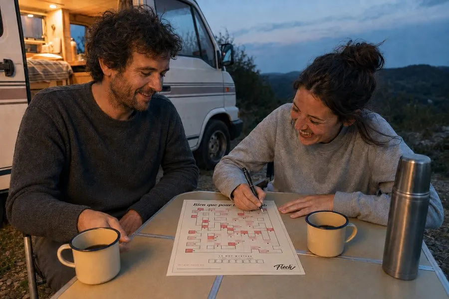 Un couple qui remplit sa grille Flèch' devant leur van au crépuscule